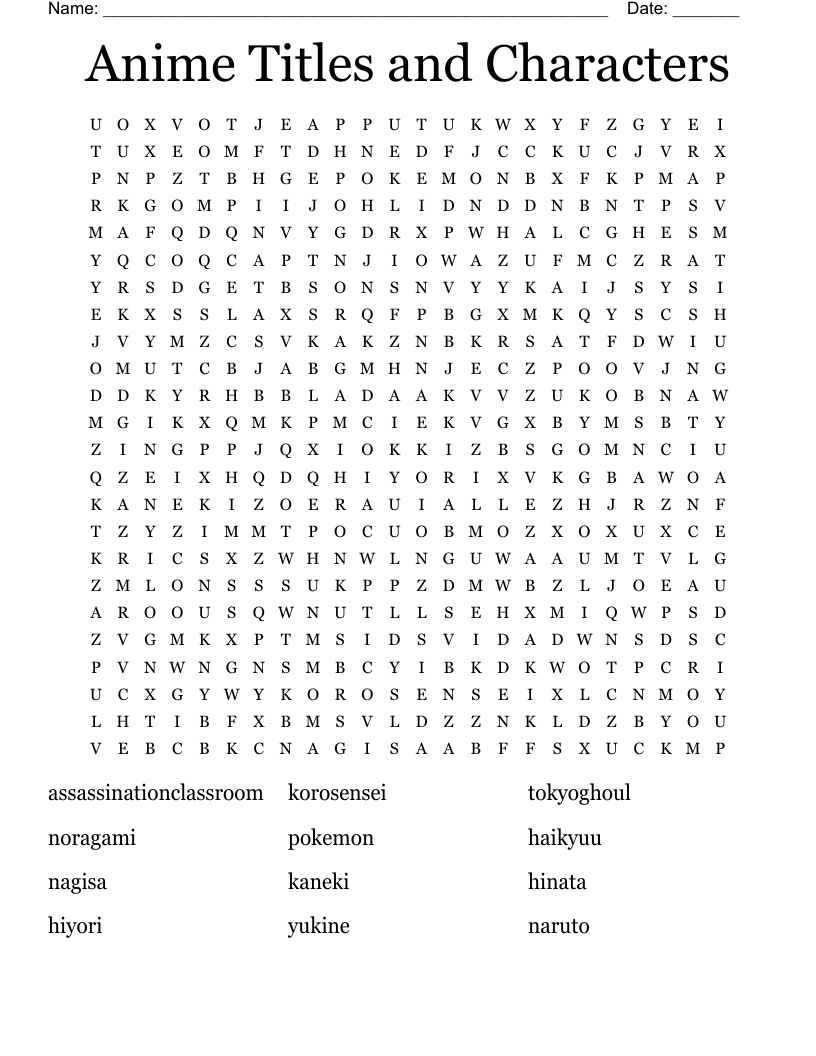Anime Titles and Characters Word Search