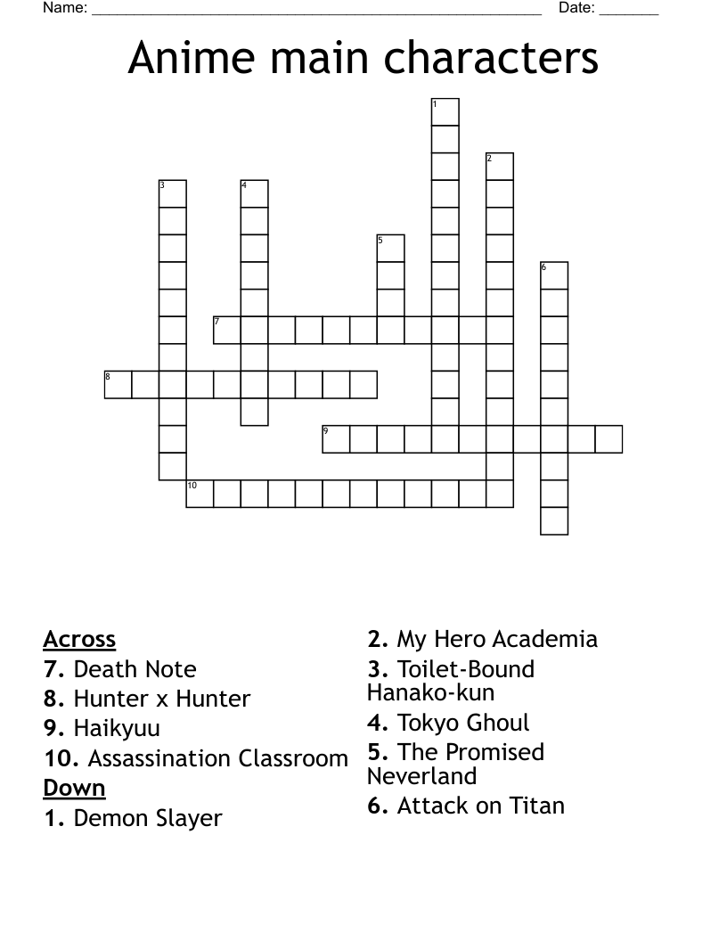Anime main characters Crossword