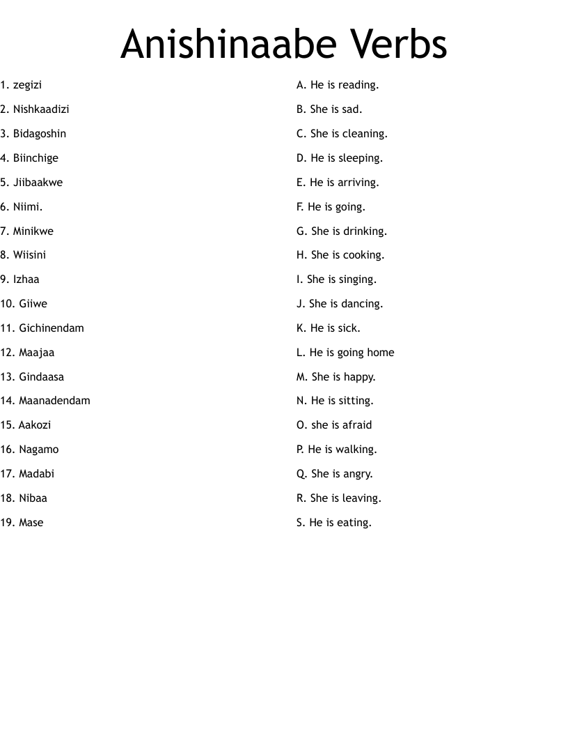 Anishinaabe Verbs Worksheet