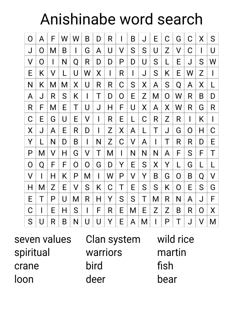 Anishinabe word search