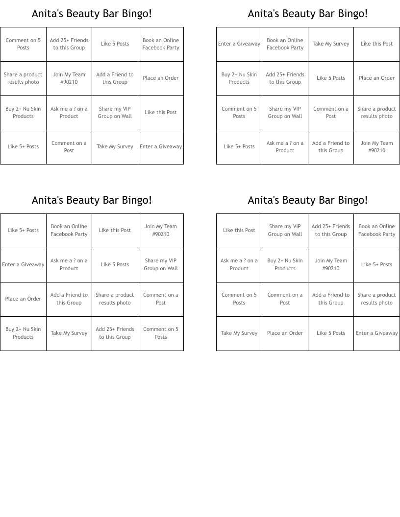 Anita's Beauty Bar Bingo!