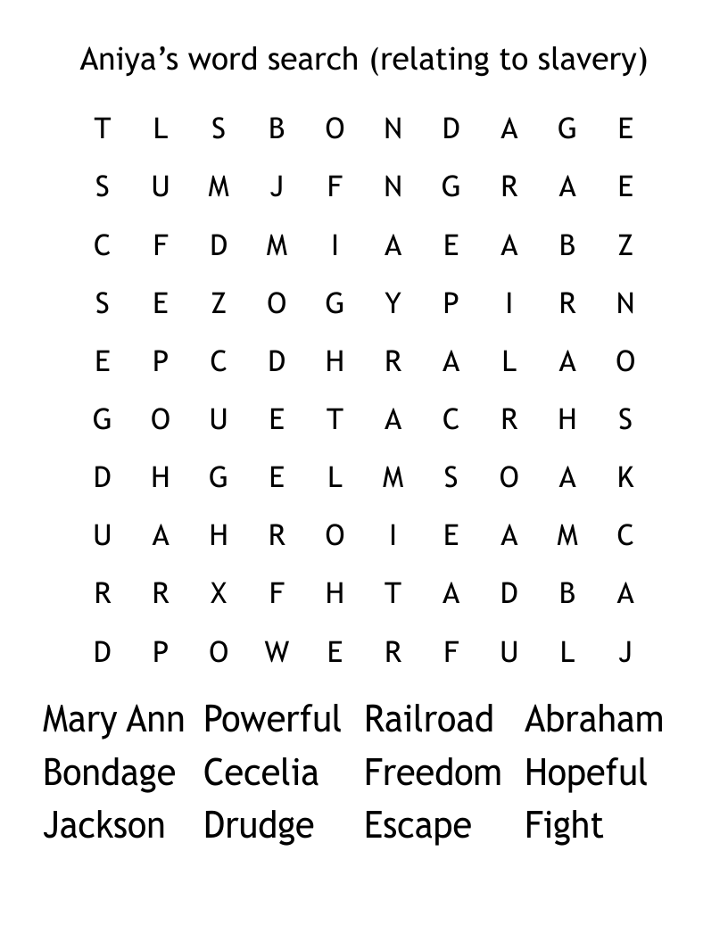 Aniya’s word search (relating to slavery) 