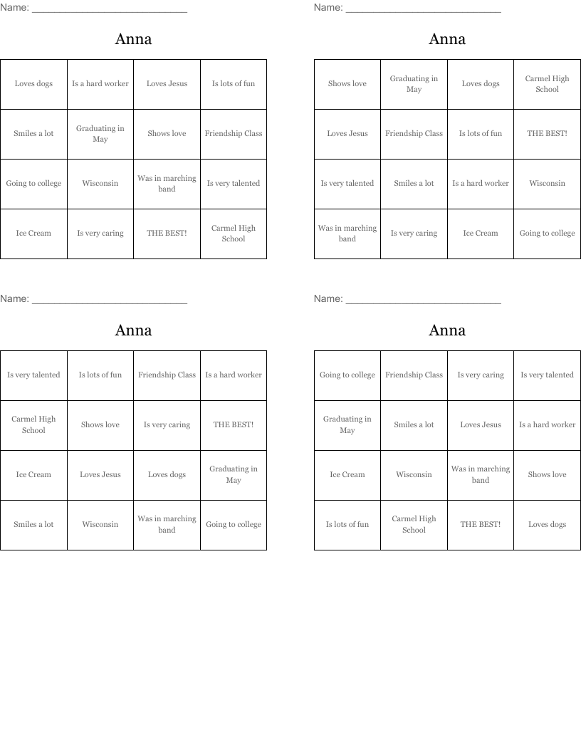Anna Bingo Cards