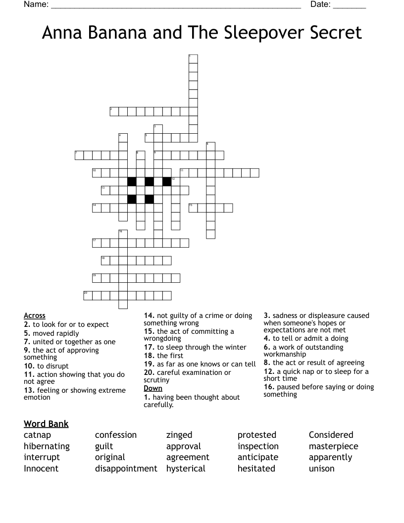Anna Banana and The Sleepover Secret Crossword