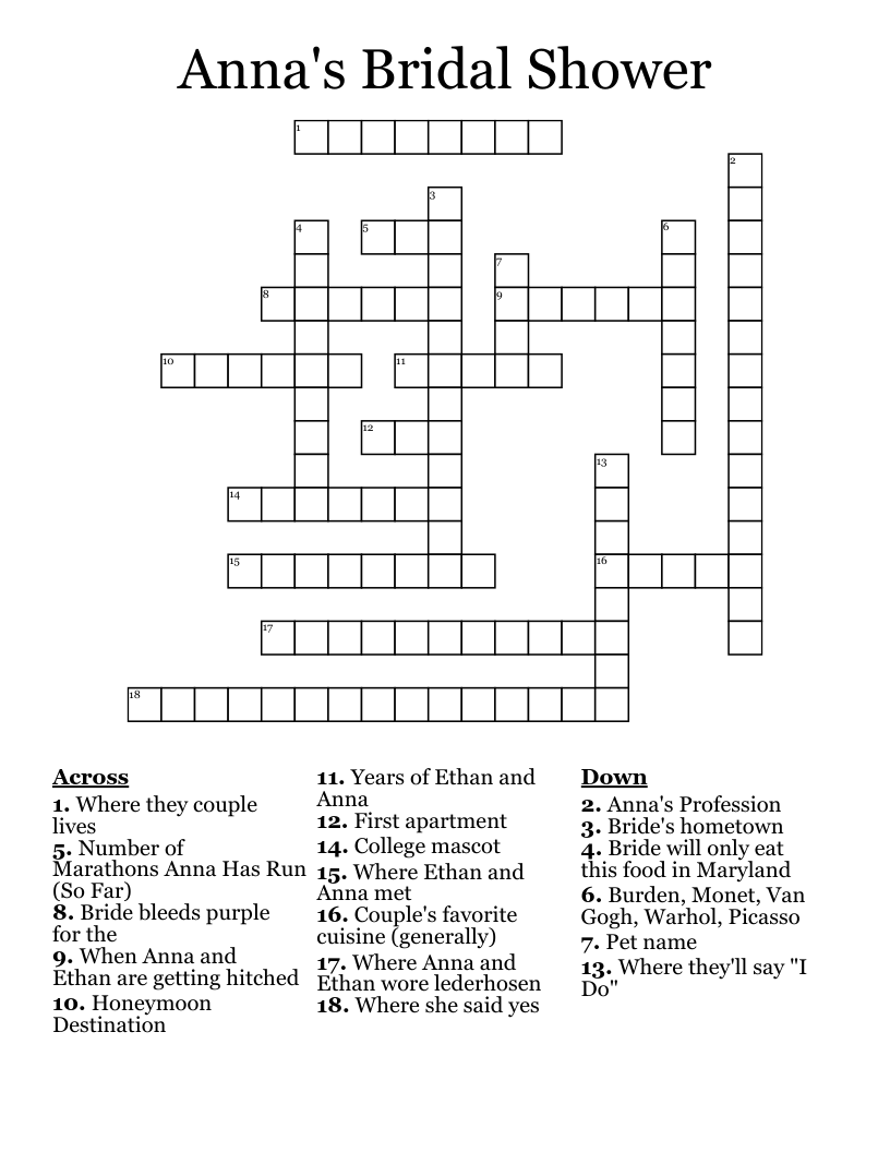 Anna's Bridal Shower Crossword