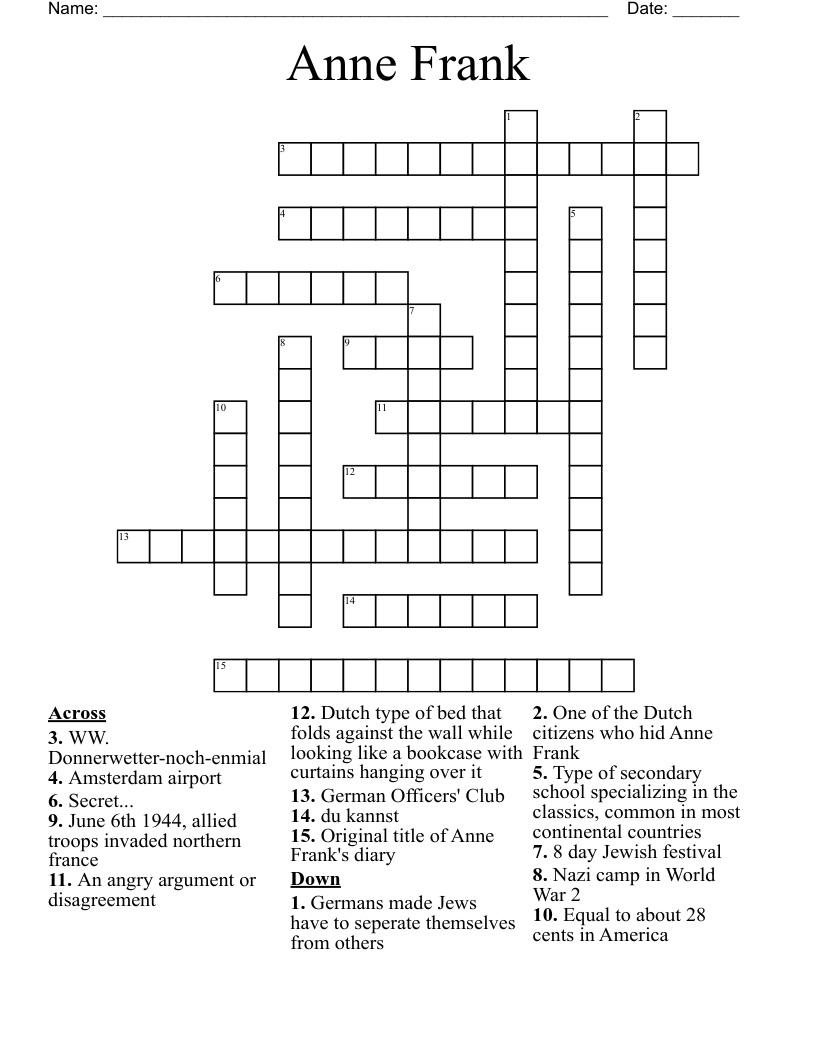 Anne Frank Crossword