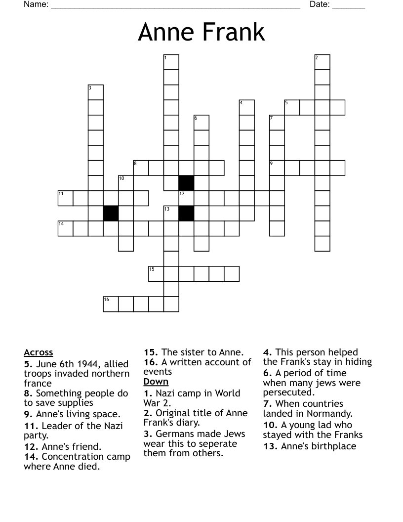 Anne Frank Crossword