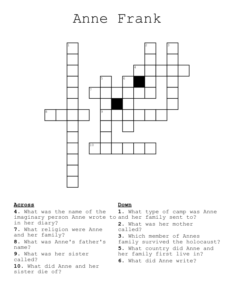 Anne Frank Crossword