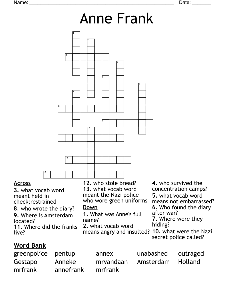 Anne Frank Crossword