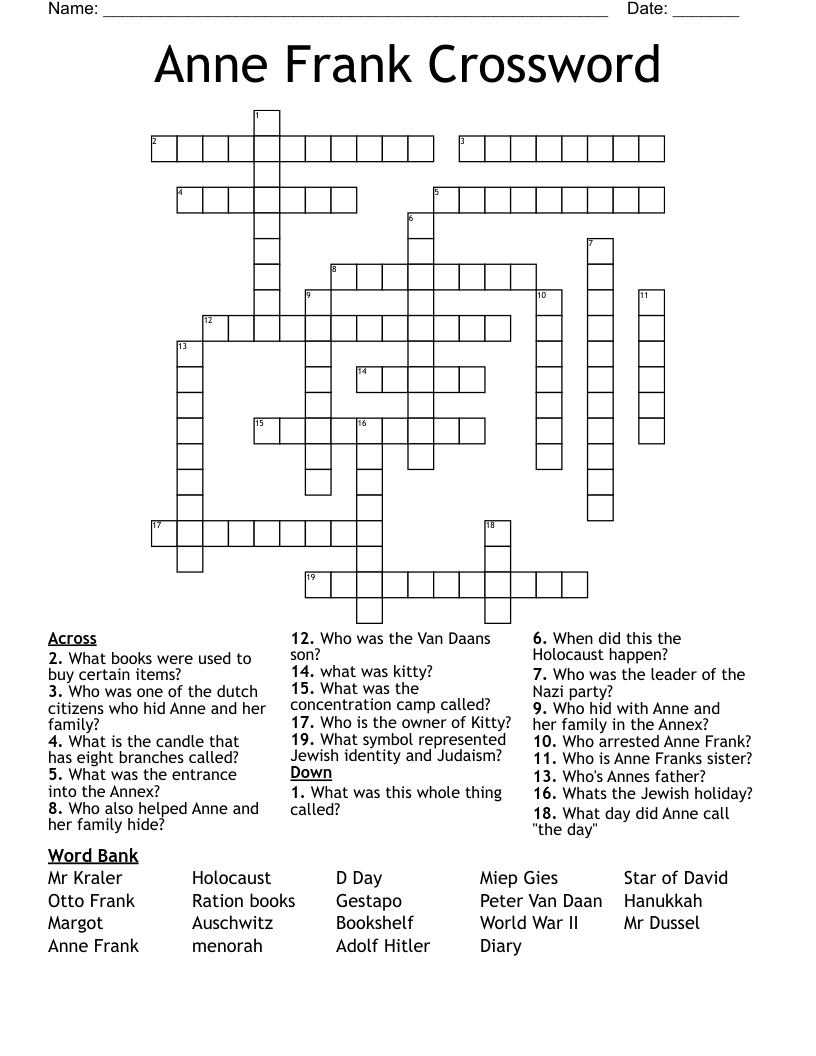 Anne Frank Crossword