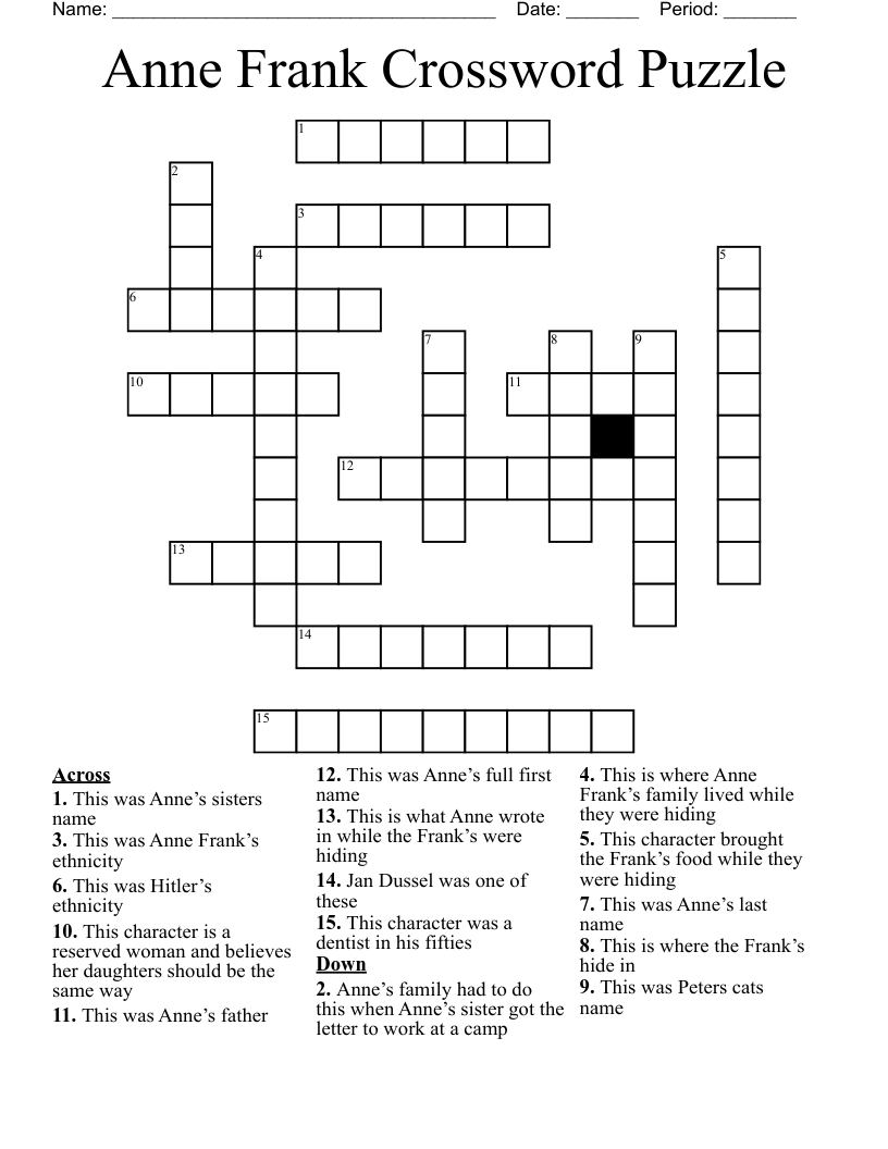 Anne Frank Crossword Puzzle