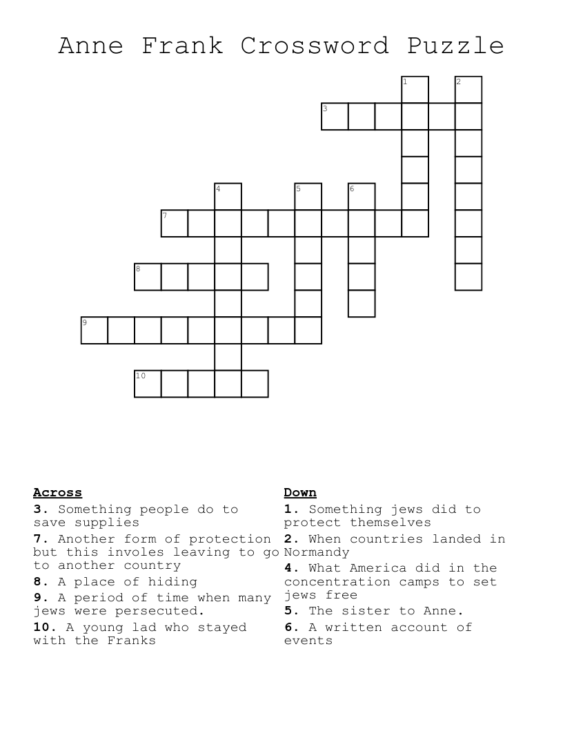 Anne Frank Crossword Puzzle