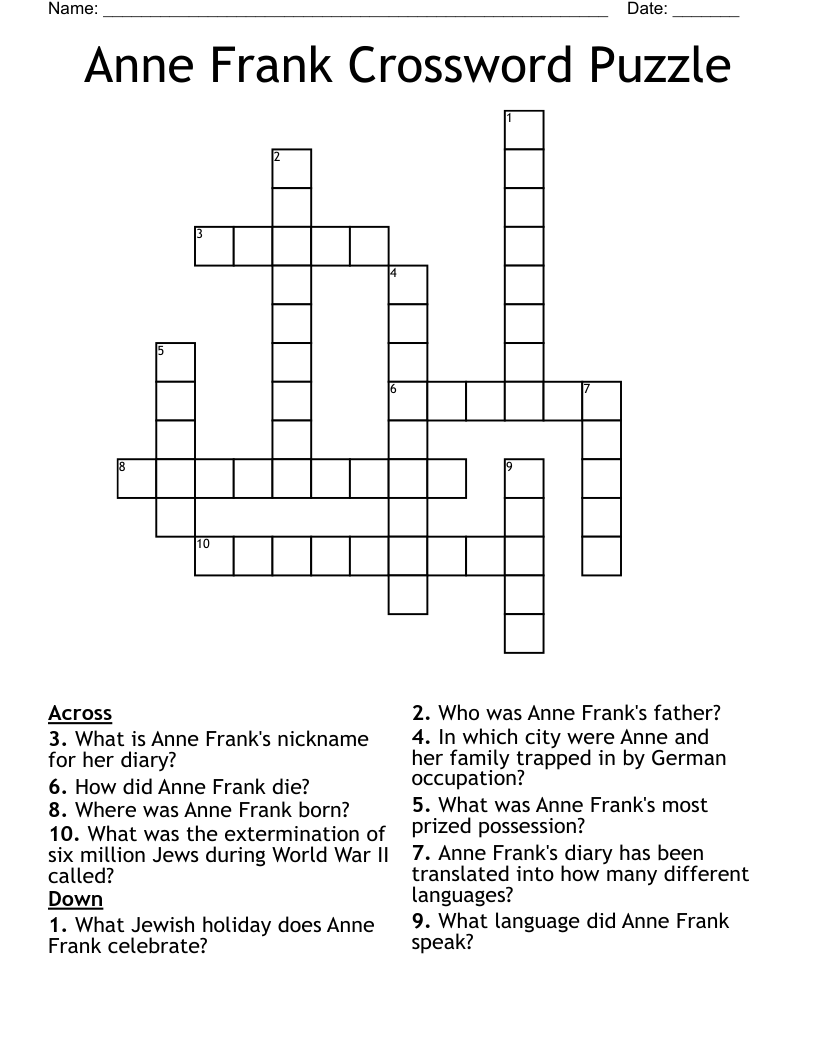 Anne Frank Crossword Puzzle