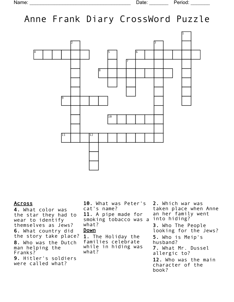 Anne Frank Diary CrossWord Puzzle