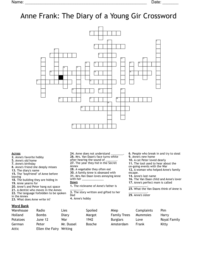 Anne Frank: The Diary of a Young Gir Crossword