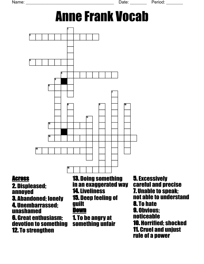 Anne Frank Vocab Crossword