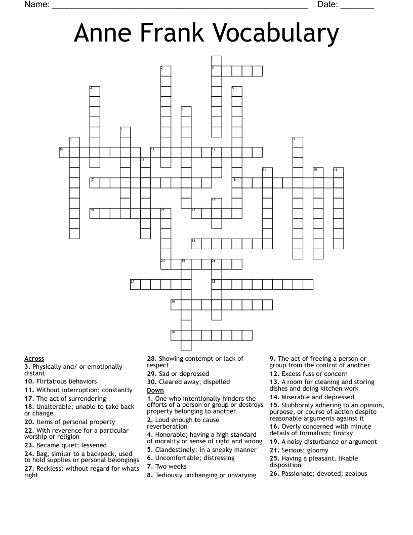 Anne Frank Vocabulary Crossword
