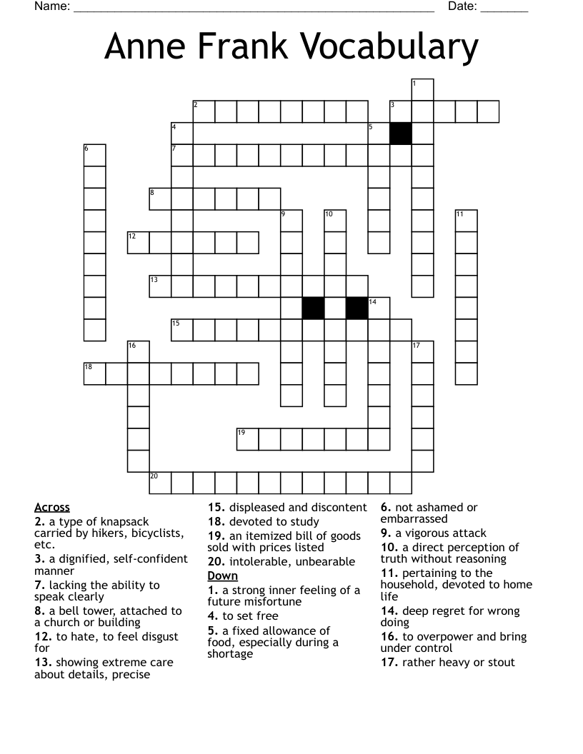 Anne Frank Vocabulary Crossword