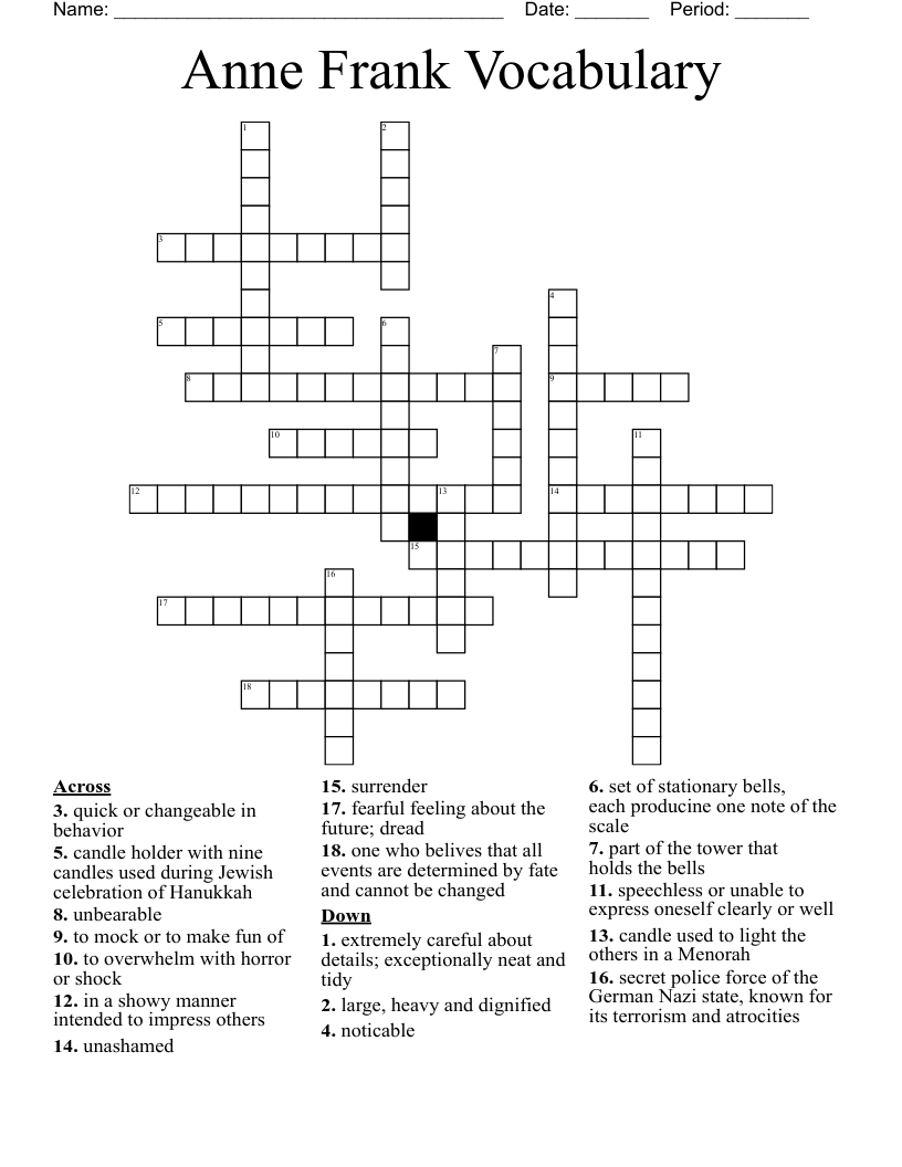 Anne Frank Vocabulary Crossword