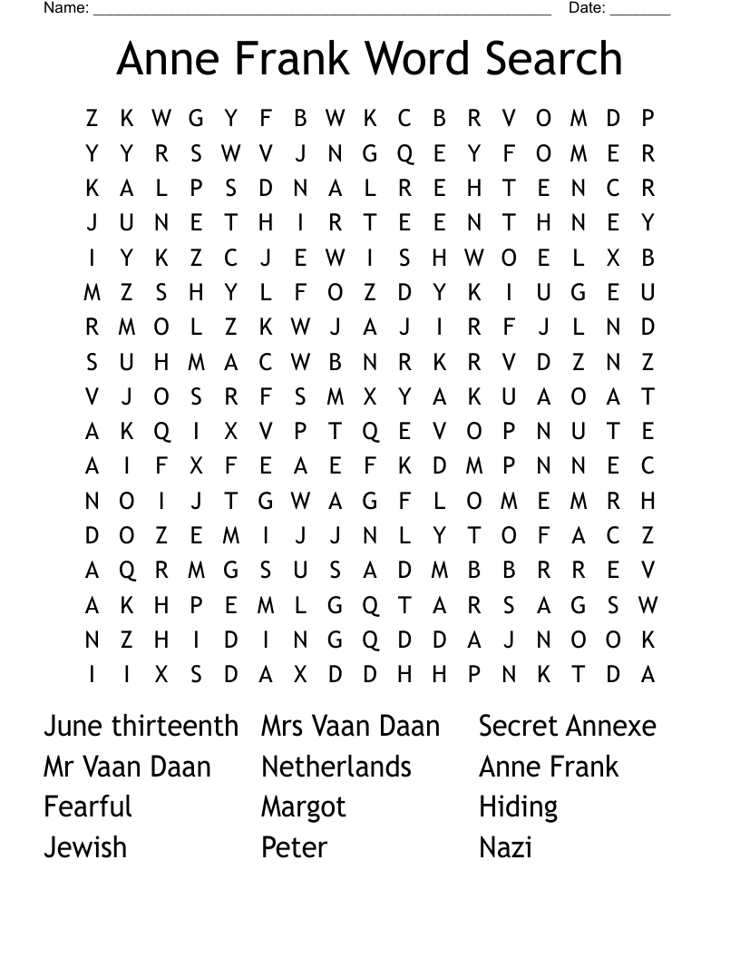 Anne Frank Word Search