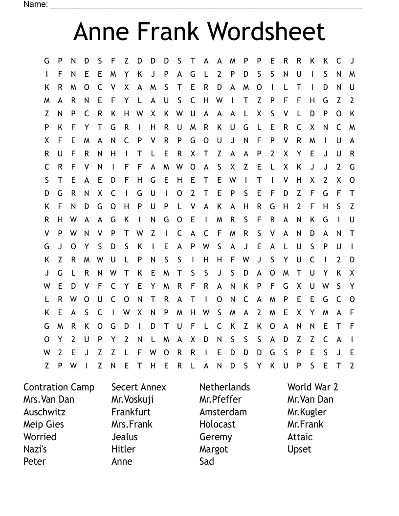 Anne Frank Wordsheet Word Search
