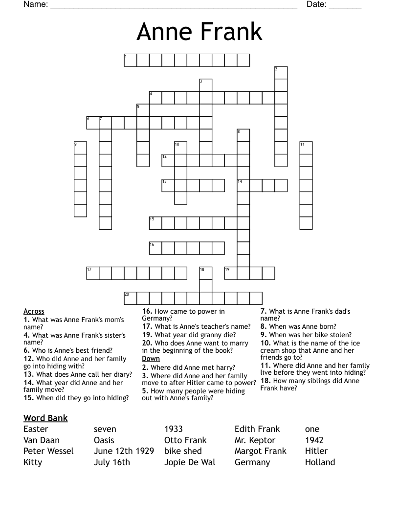 Anne Frank  Crossword
