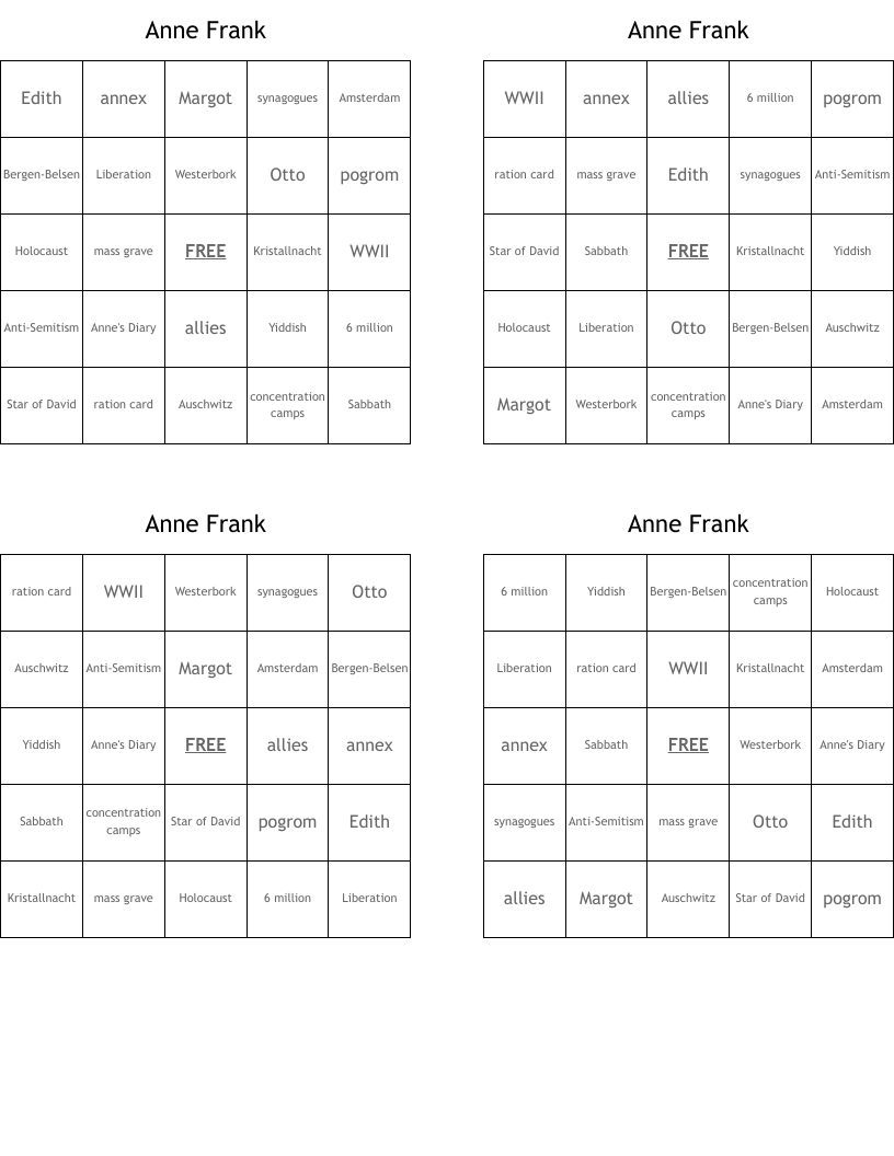 Anne Frank  Bingo Cards