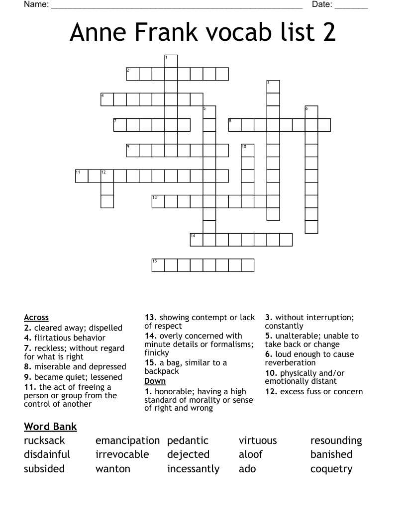 Anne Frank vocab list 2 Crossword