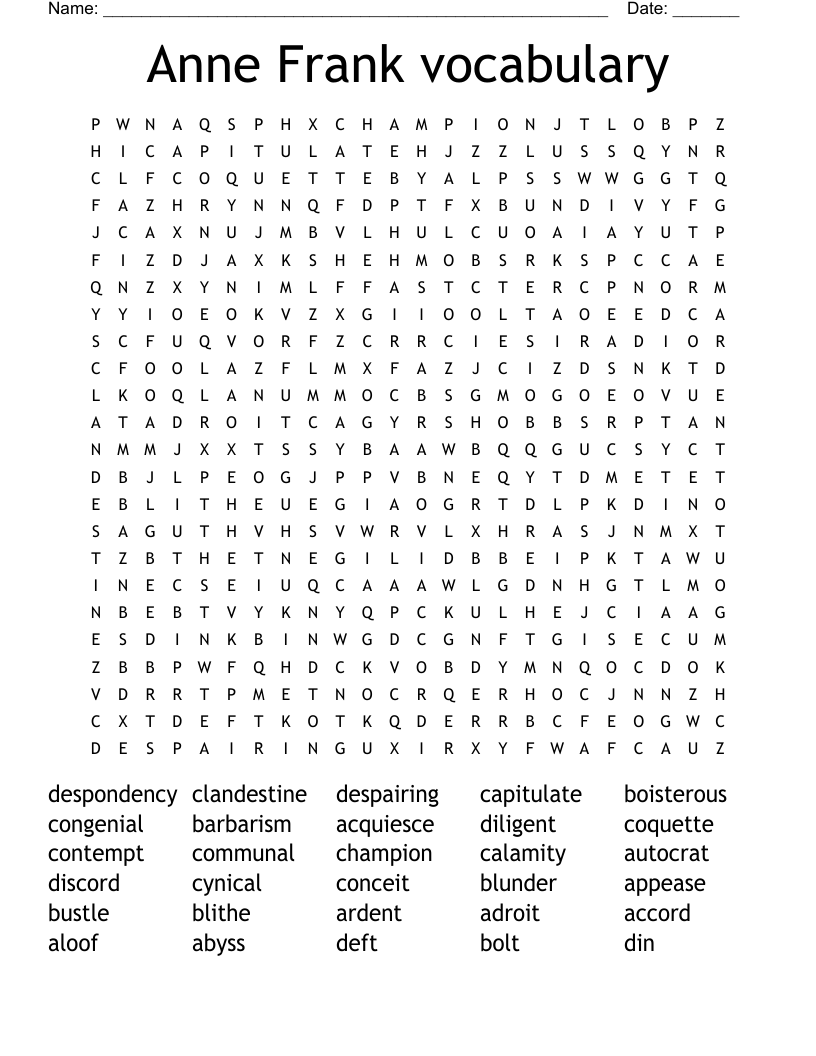 Anne Frank vocabulary Word Search