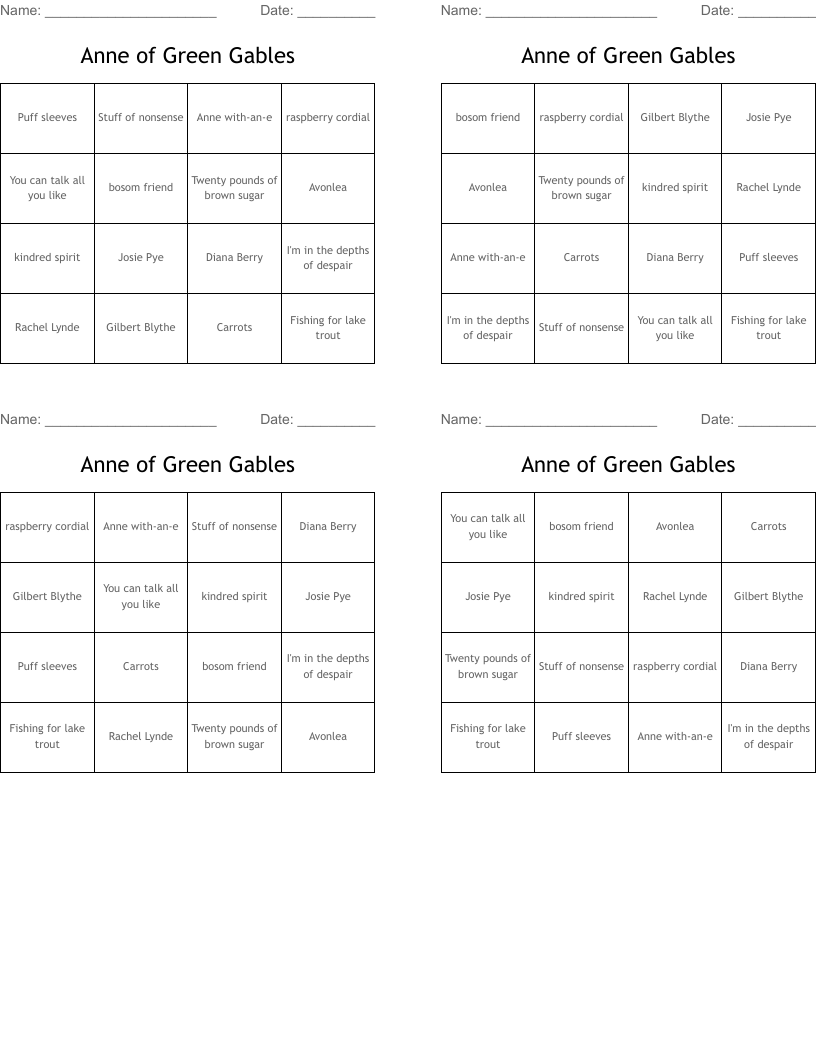 Anne of Green Gables Bingo Cards