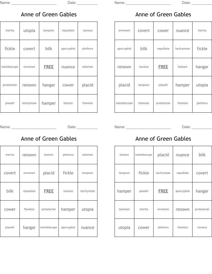 Anne of Green Gables Bingo Cards