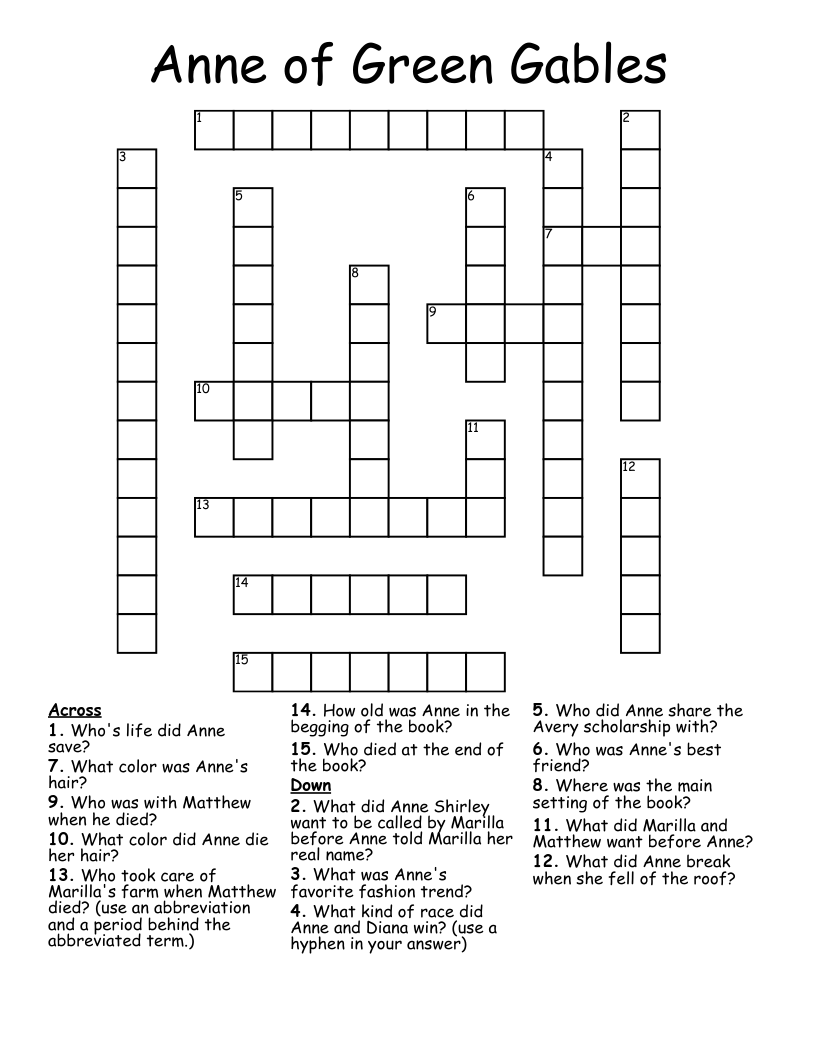 Anne of Green Gables  Crossword