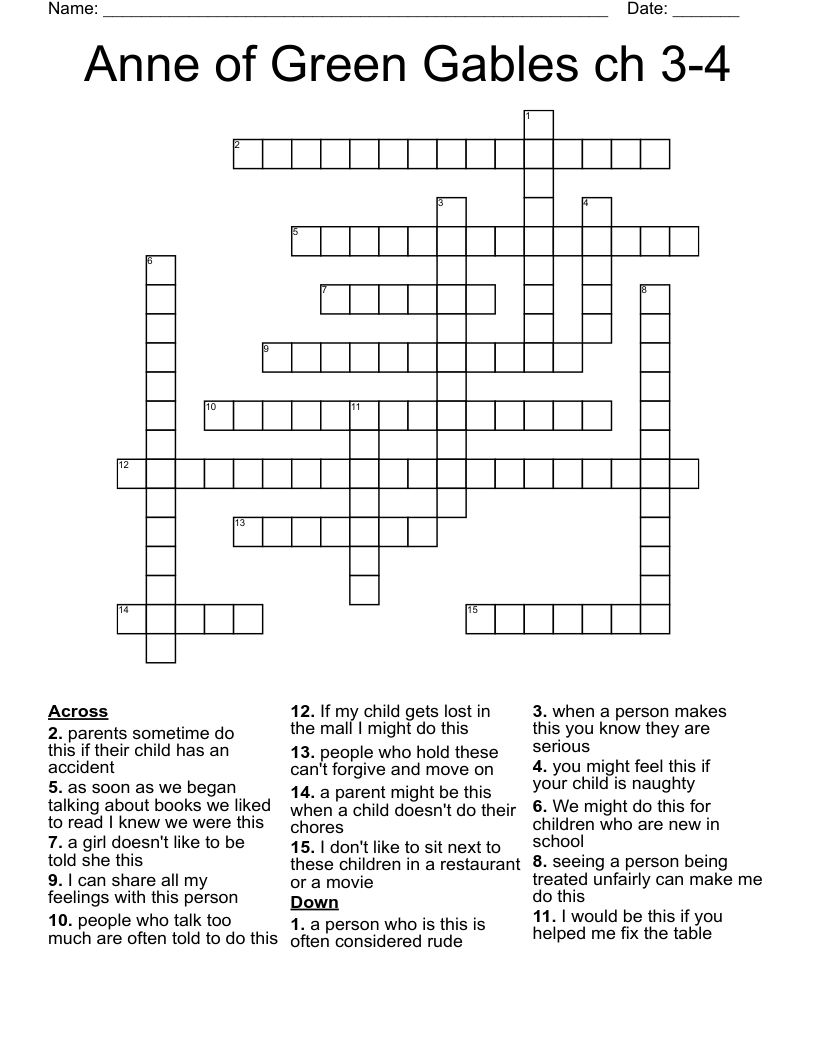 Anne of Green Gables ch 3-4 Crossword