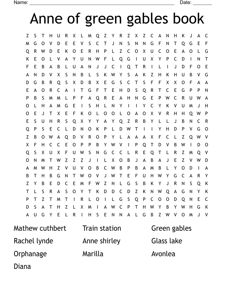Anne of green gables book Word Search