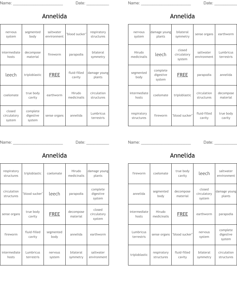 Annelida Bingo Cards