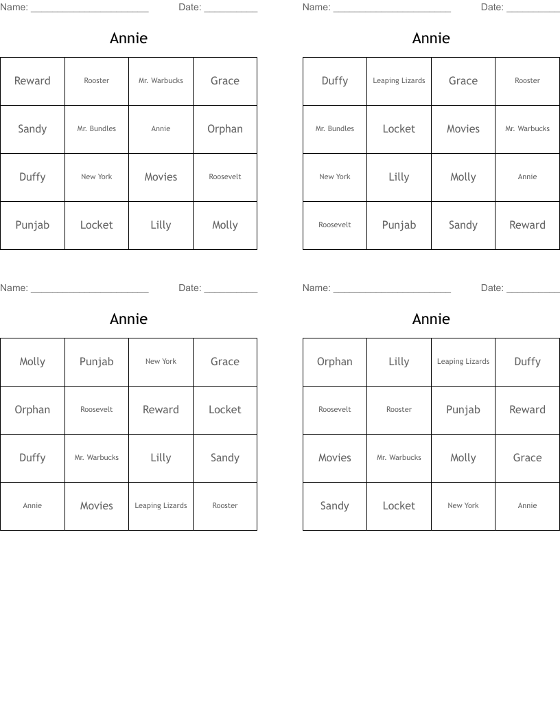 Annie Bingo Cards