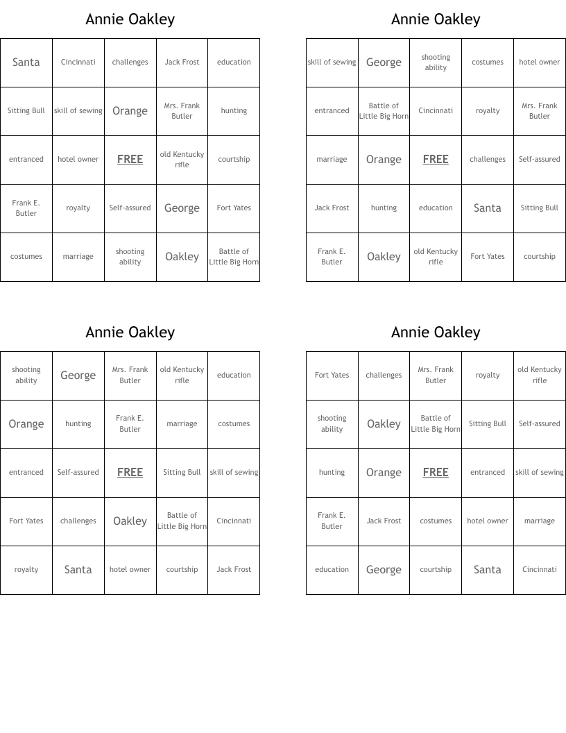 Annie Oakley Bingo Cards