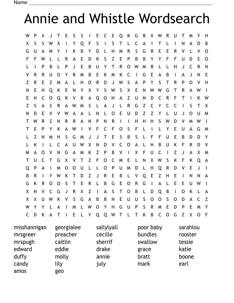 Annie and Whistle Wordsearch