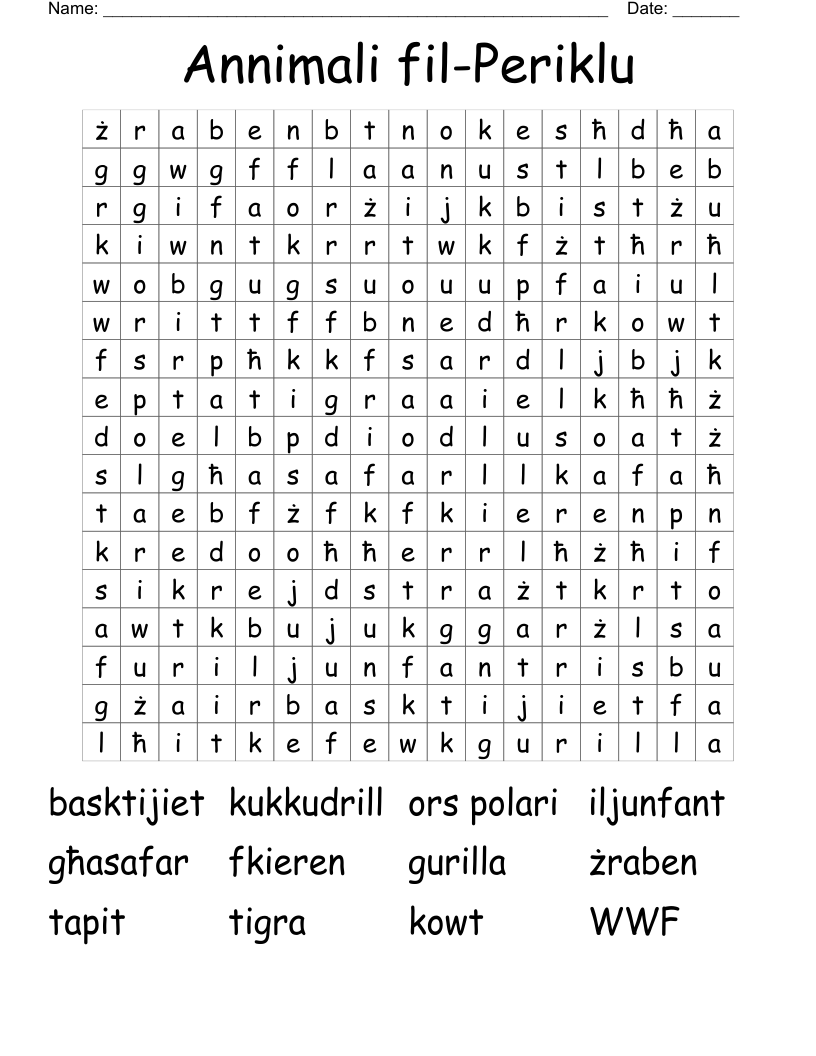 Annimali fil-Periklu Word Search