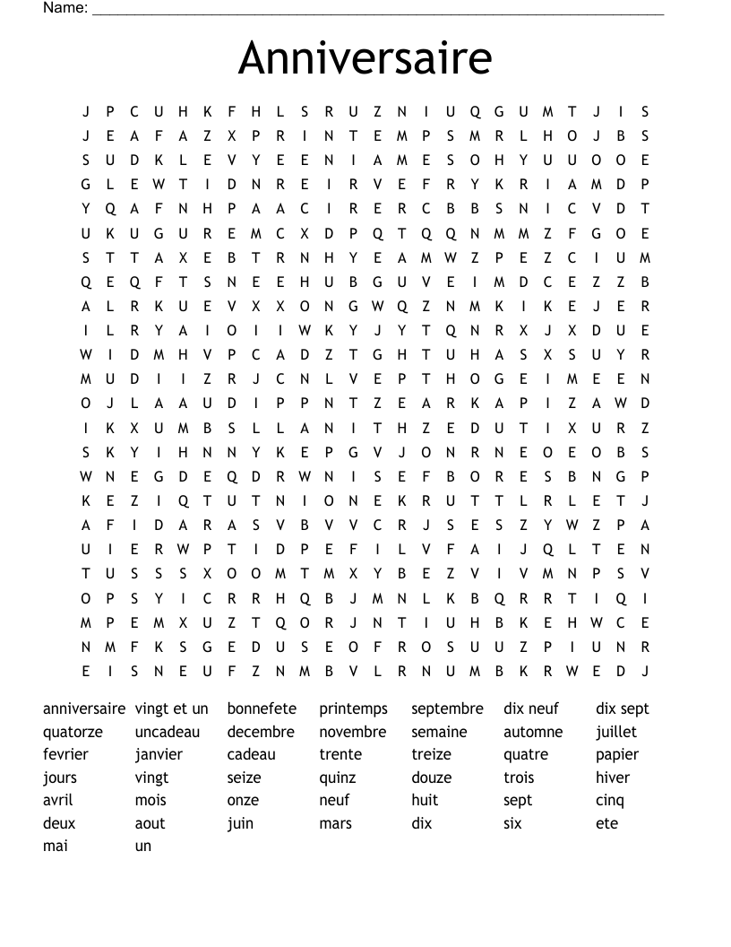 Anniversaire Word Search