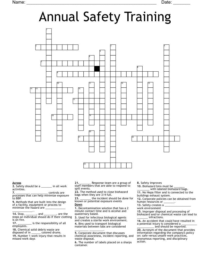Annual Safety Training Crossword