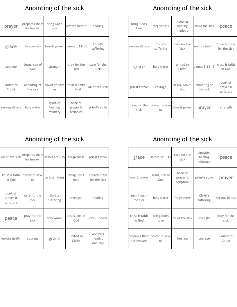 Anointing of the sick Bingo Cards