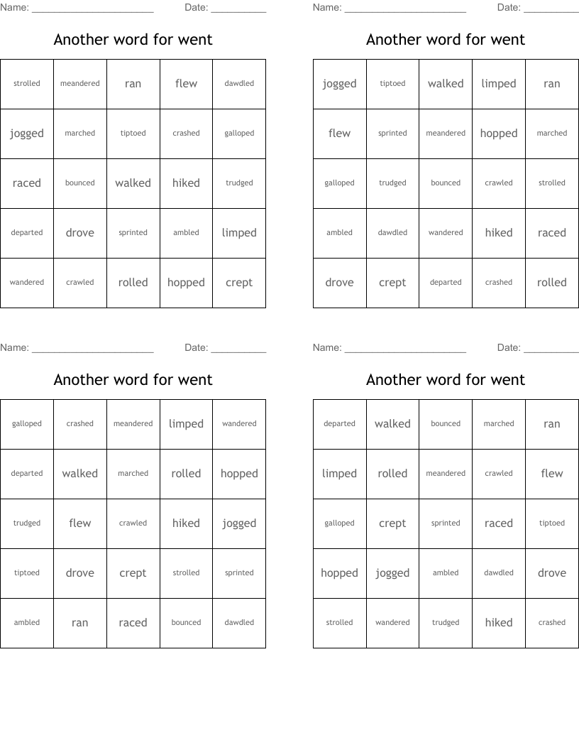 Another word for went Bingo Cards