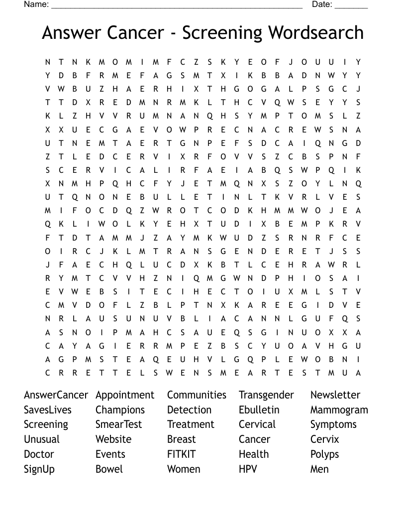 Answer Cancer - Screening Wordsearch