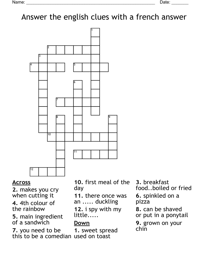 Answer the english clues with a french answer Crossword