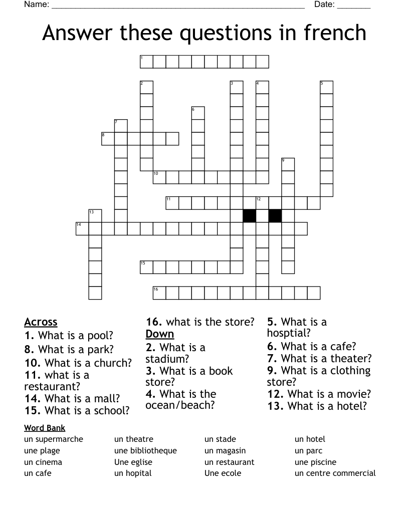 Answer these questions in french Crossword