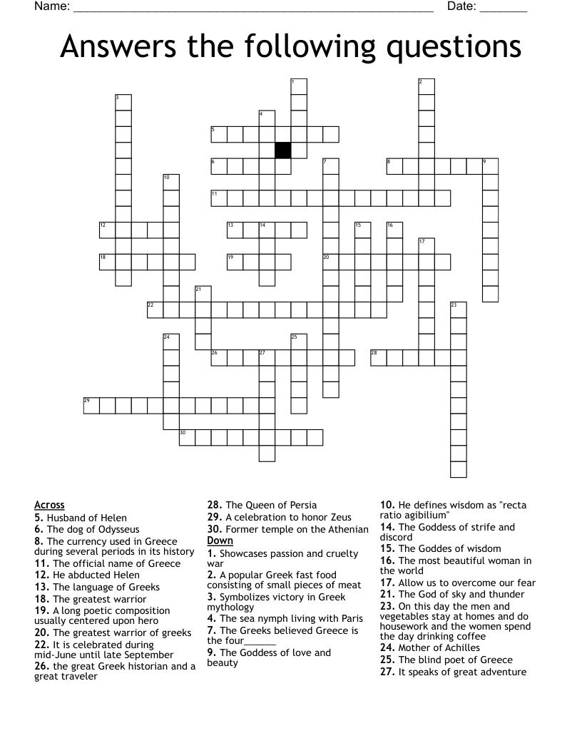 Answers the following questions Crossword