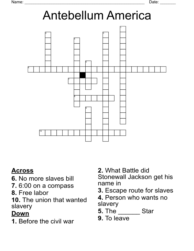 Antebellum America  Crossword