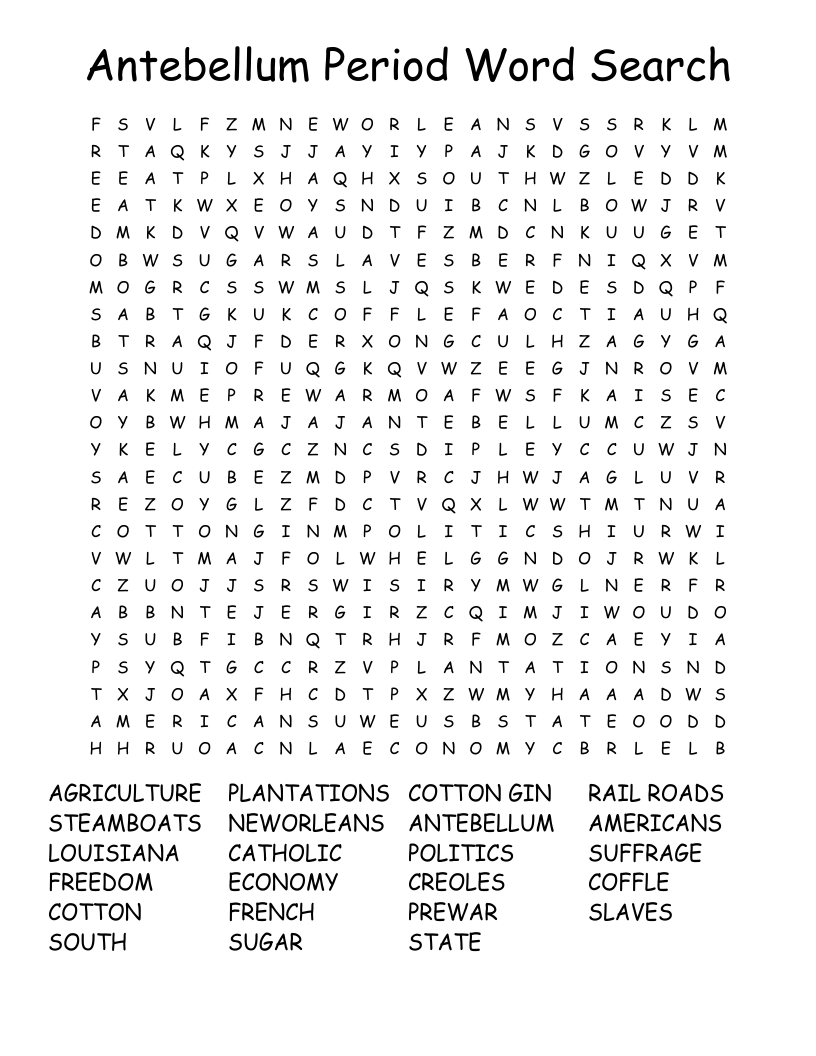 Antebellum Period Word Search