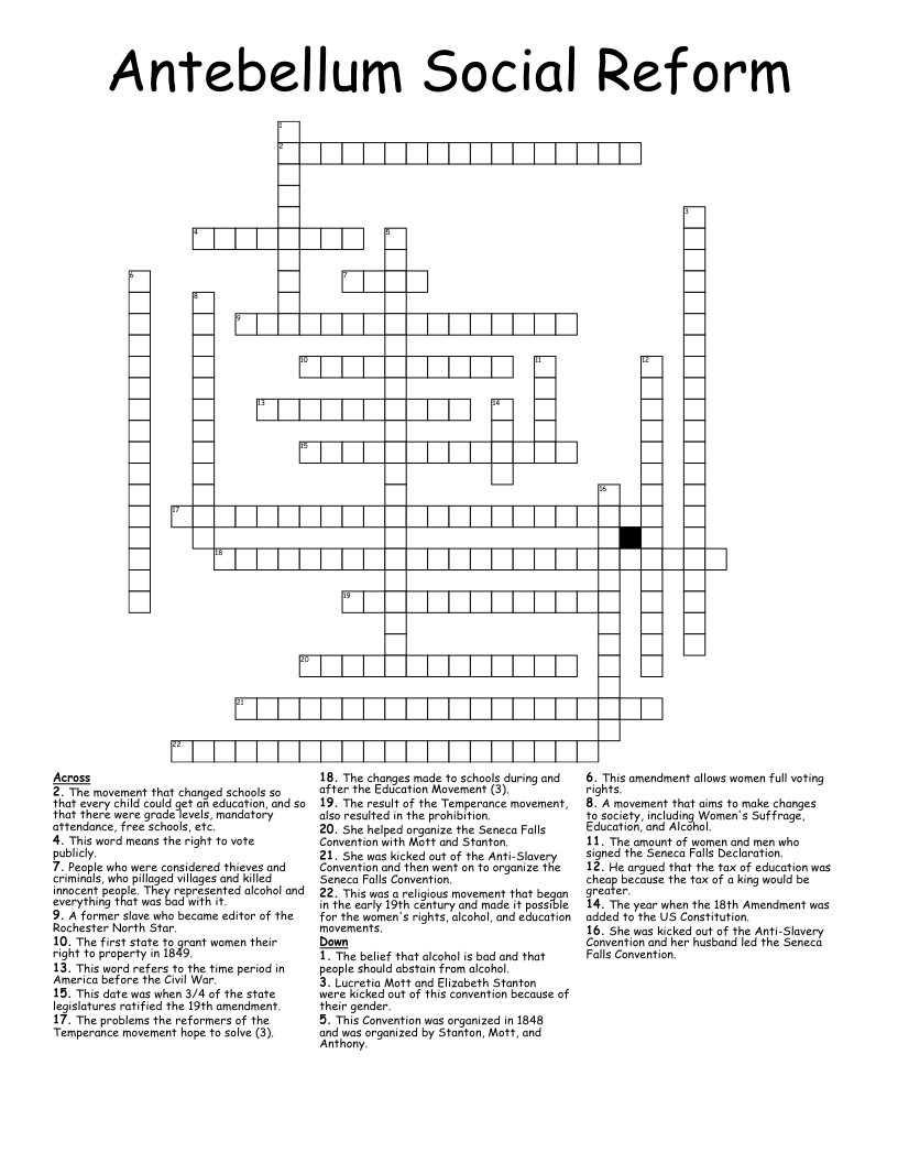 Antebellum Social Reform Crossword